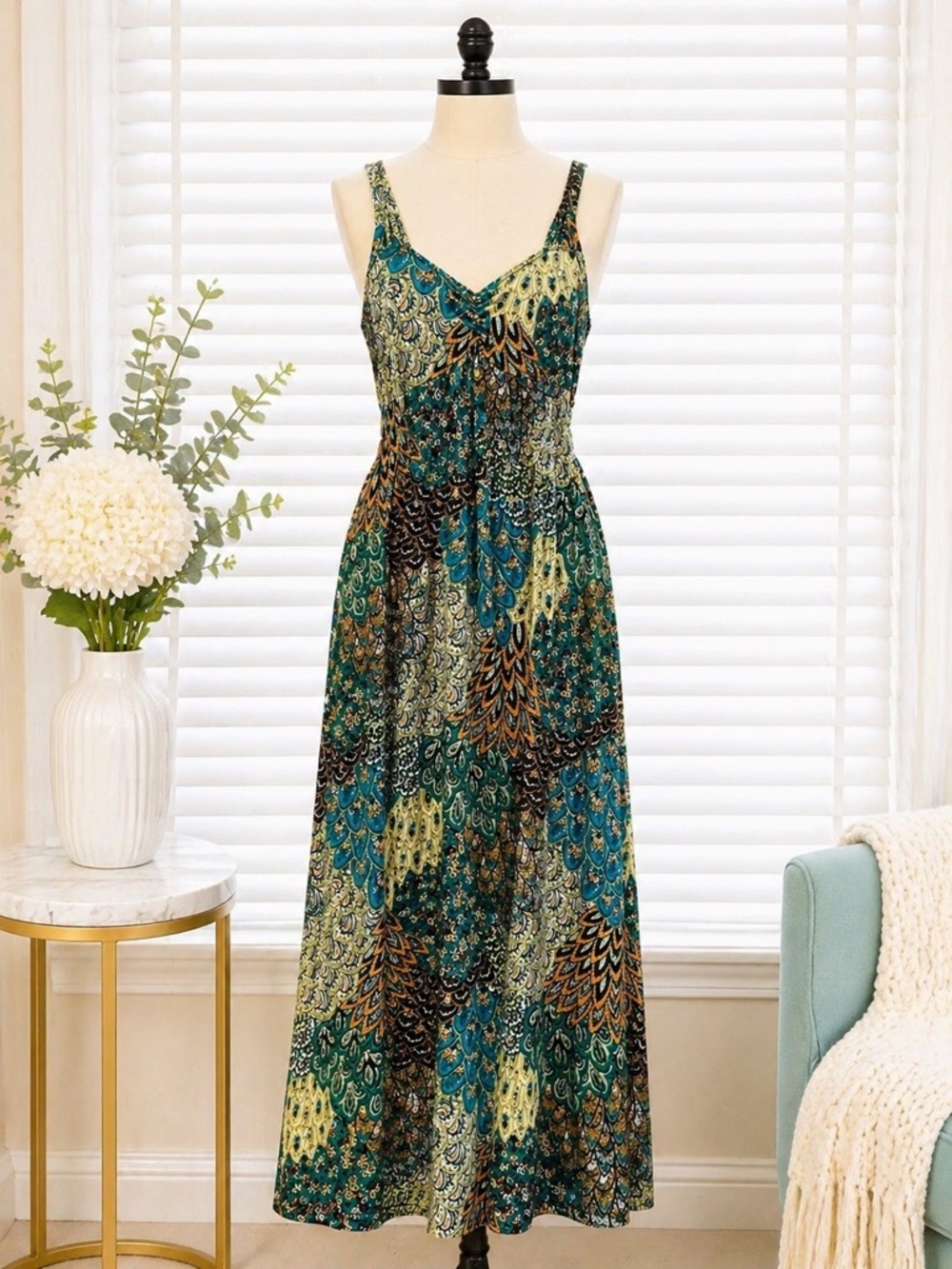 ELLEN PARKER Bohemian Teal Green Printed Maxi Dress